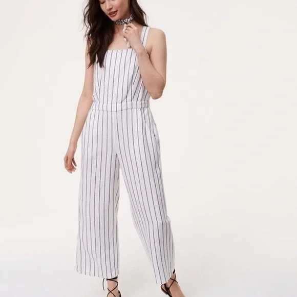 Ann Taylor Linen White Striped Linen Jumpsuit adorable!! - Picture 1 of 8